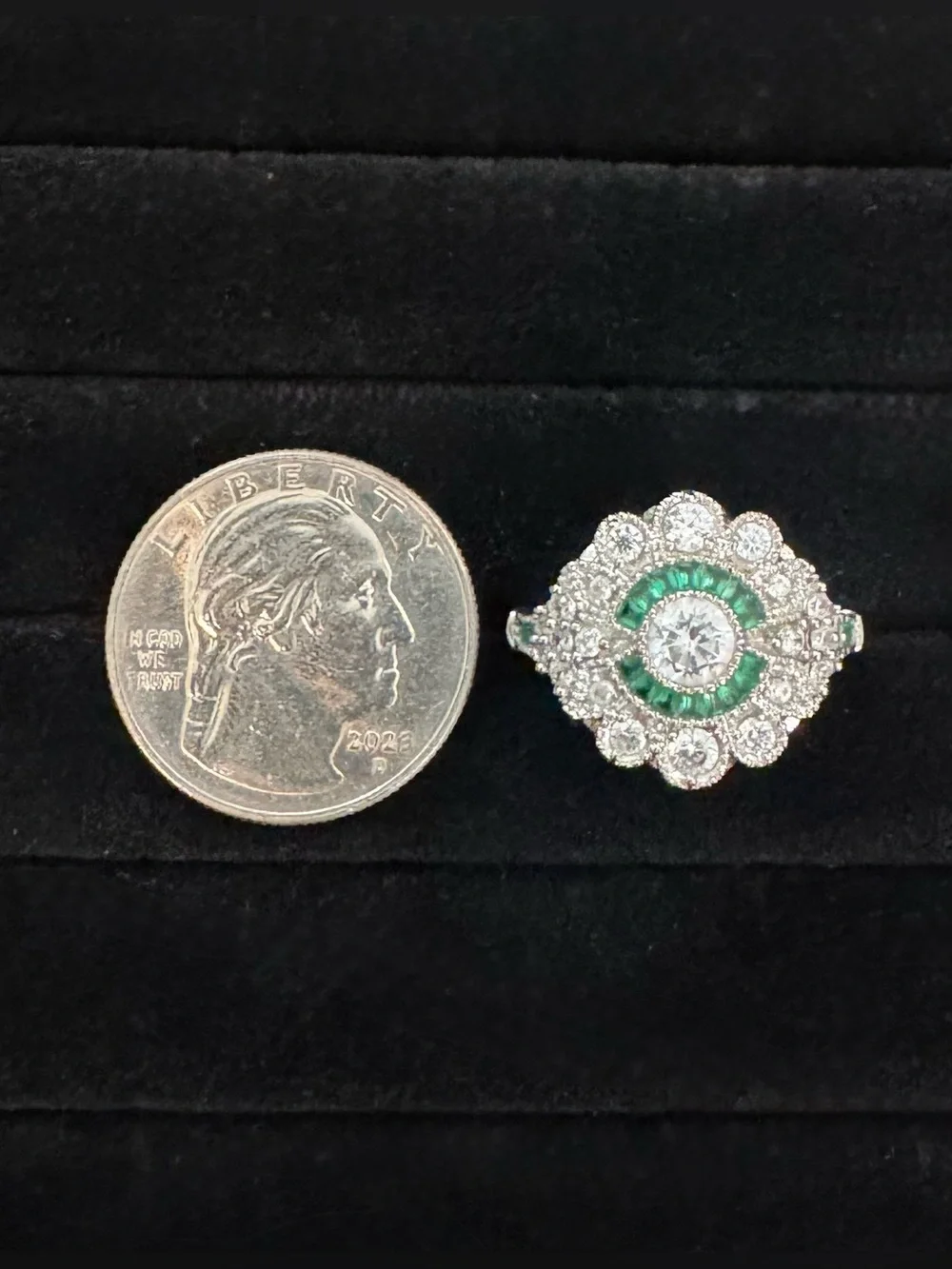 Sterling Silver Art Deco Emerald & White CZ Target Ring (9)